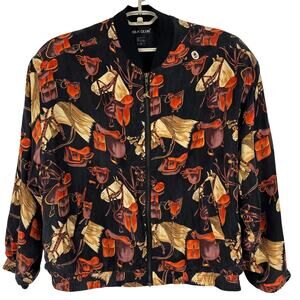 Vintage Silk Club Equestrian Print Bomber Jacket Large preppy